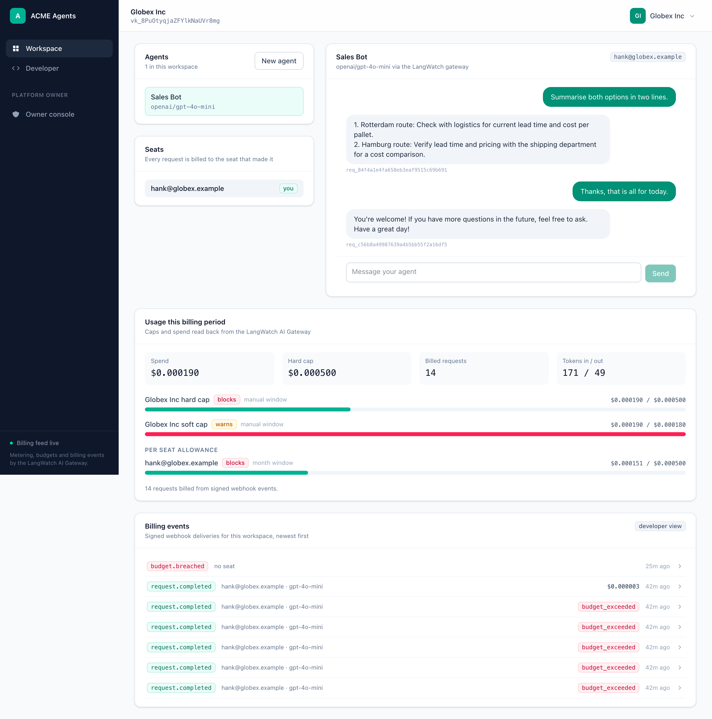 Customer dashboard with chat, usage meter and billing events