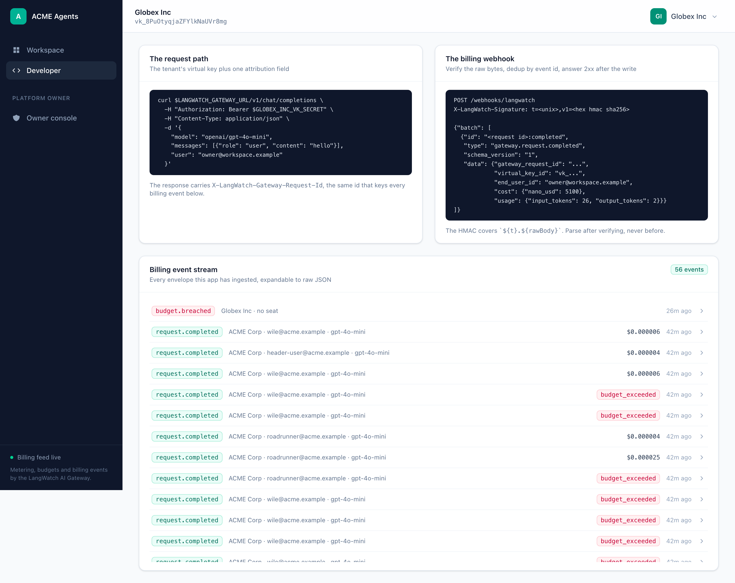 Developer panel with the request path, the webhook contract and raw envelopes