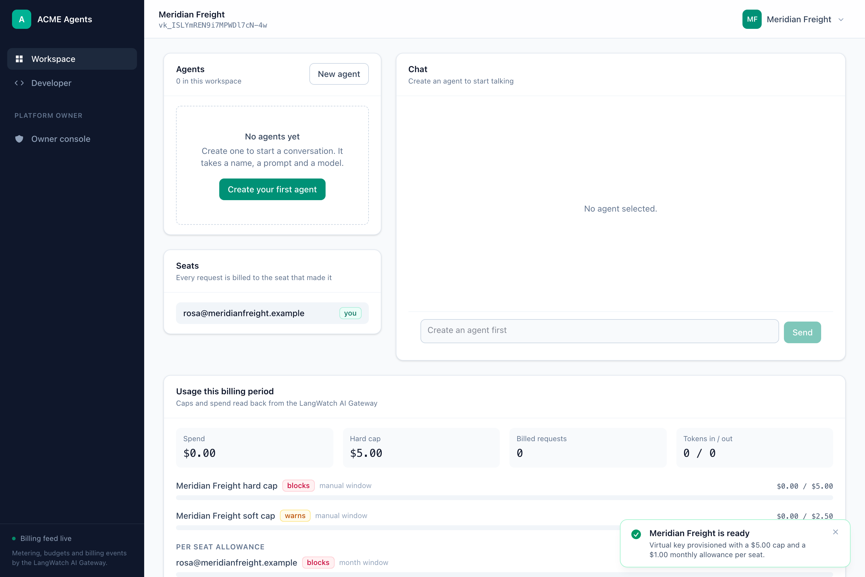 Sign-up lands in the dashboard with the workspace provisioned