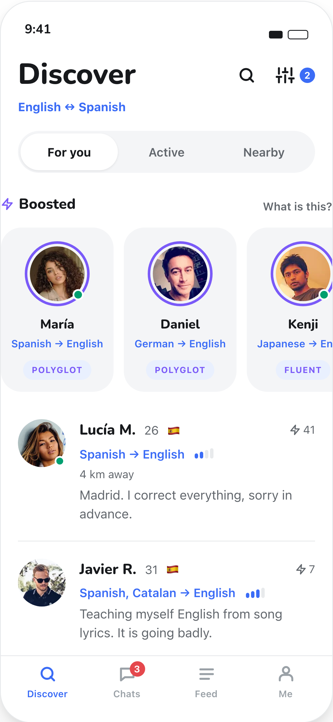 Discover — people learning your language, nearby and active