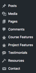 Admin area sidebar showing custom post types