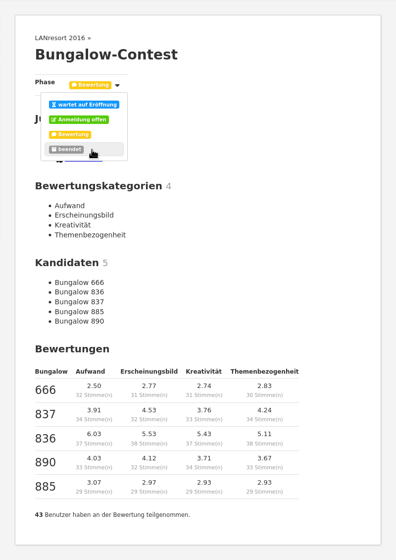 Screenshot of bungalow contest admin UI