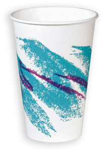 A disposable cup printed with the Jazz design: a jagged teal brush stroke with a purple zig-zag