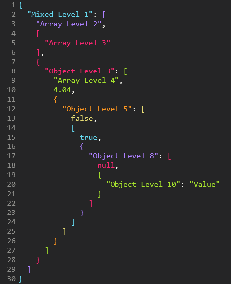 Monokai Neue, objects and arrays interleaved