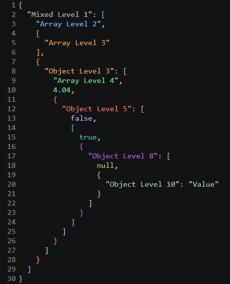 VS Code Dark, objects and arrays interleaved