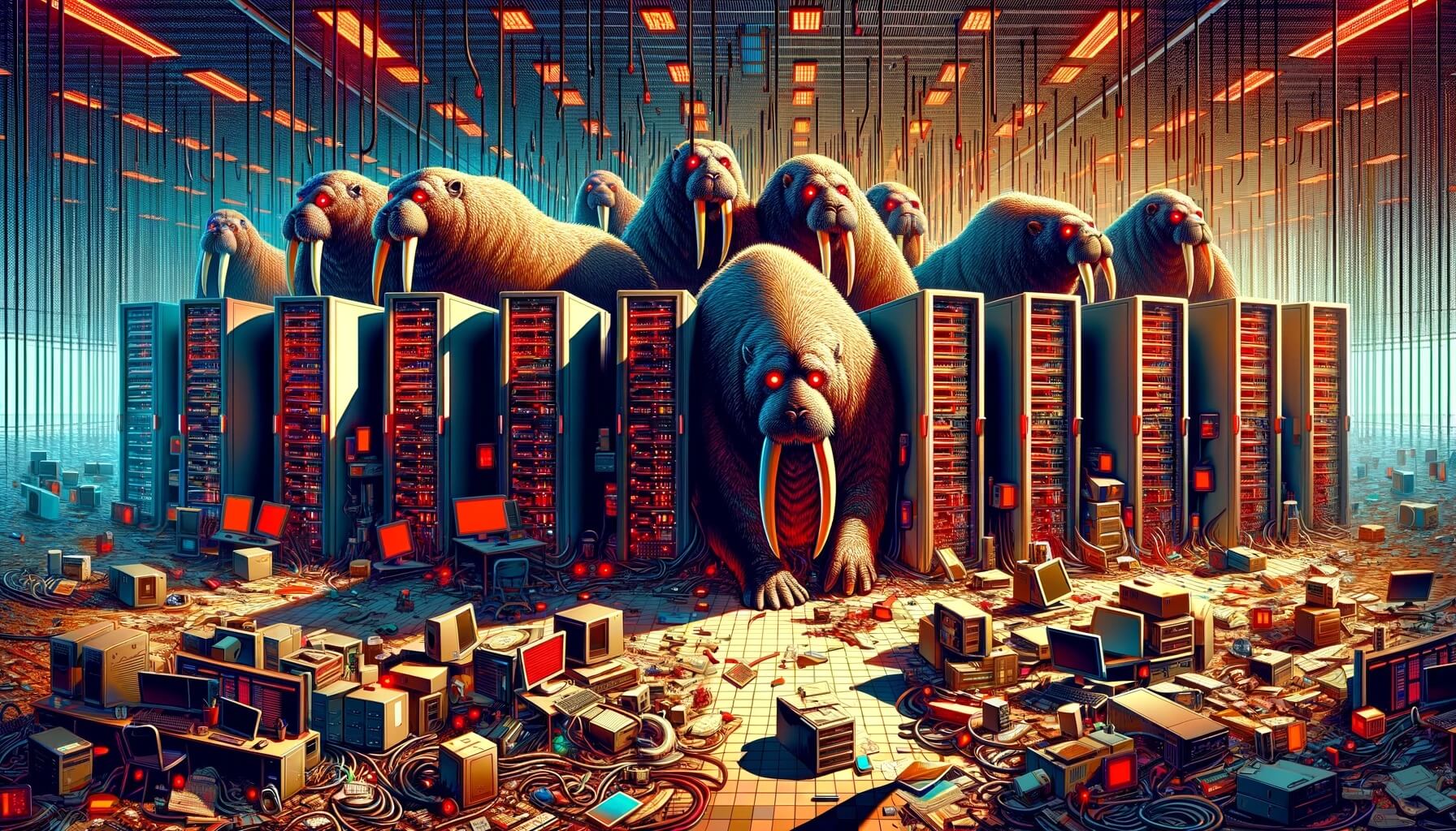 Illustration : « A reimagined, expansive, and heavily unbalanced surreal illustration of a herd of walruses in a data center, with an enriched and varied background to break the symmetry further. The scene includes diverse elements like scattered computers, random doors, desks, and other office paraphernalia, creating a cluttered, chaotic look. The server racks are irregularly placed, some tilted or collapsed, with red LEDs flickering sporadically. The walruses are in bizarre poses, with their glowing red eyes adding to the eerie mood. Shadows loom large and uneven, while cables and tech debris contribute to the sense of disorder and dread in this suspenseful and unconventional thriller setting. » (DALL·E 2023-11-15 10.02.12).