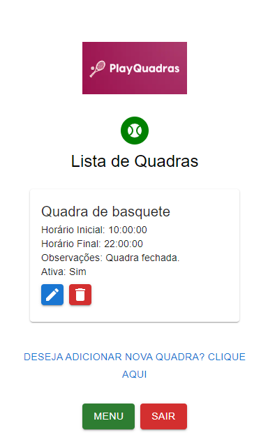 tela de quadras de administrador