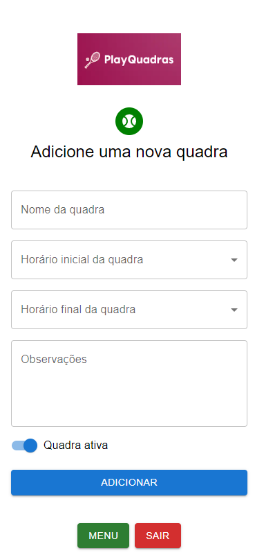 tela de cadastrar quadra de administrador