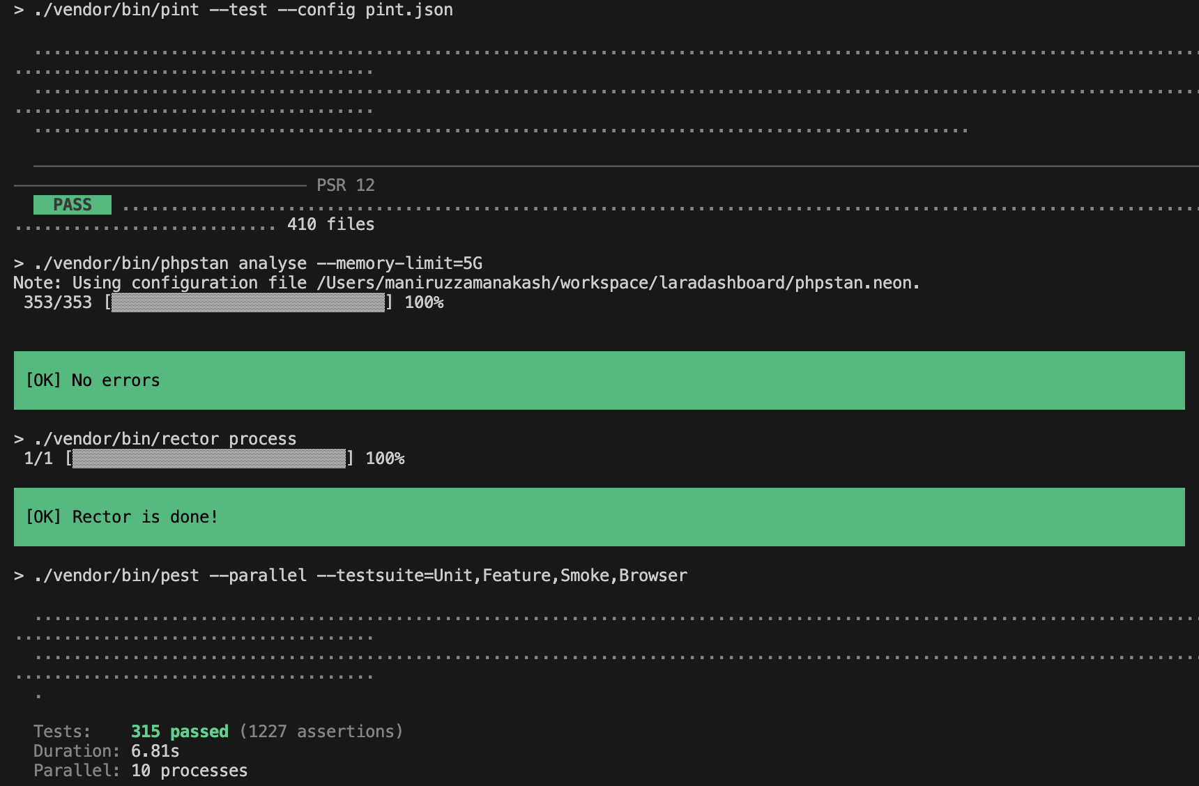 Pest, Pint, Rector, PHPstan tests