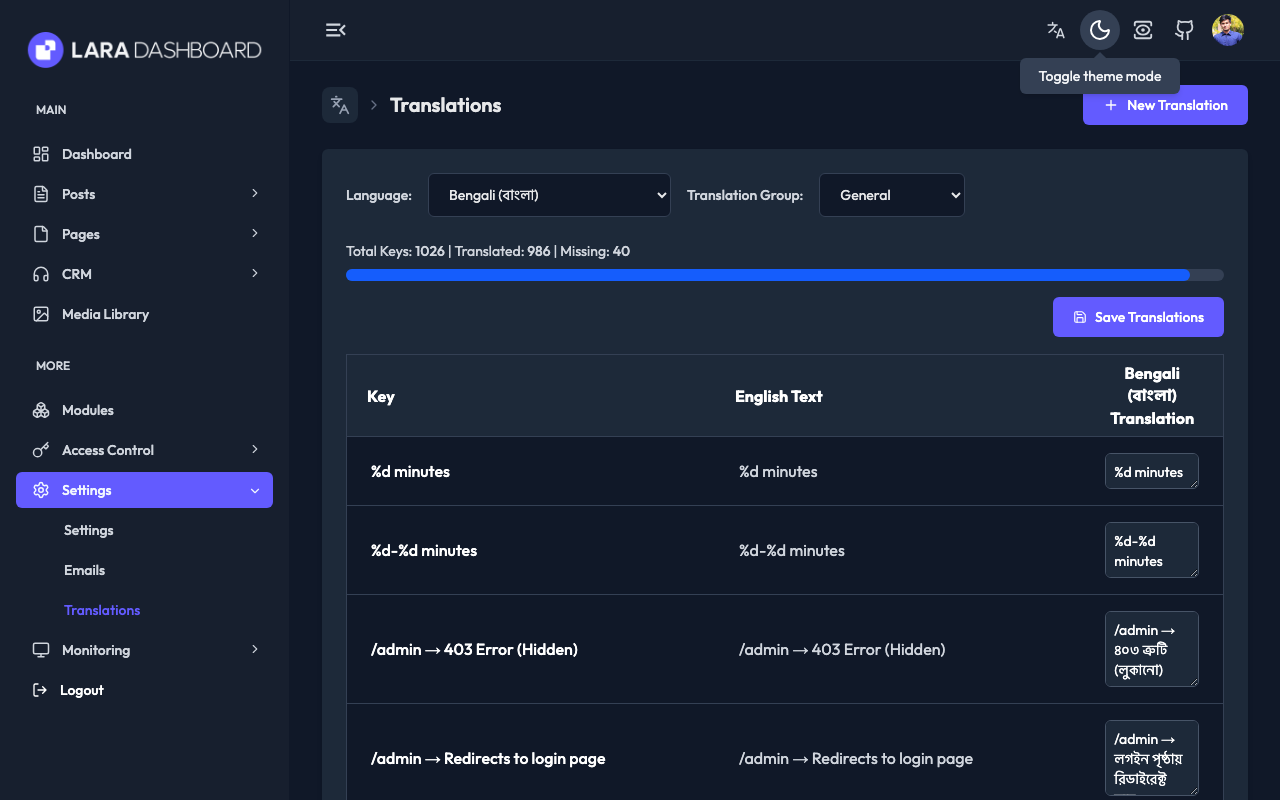 Translations List Dark