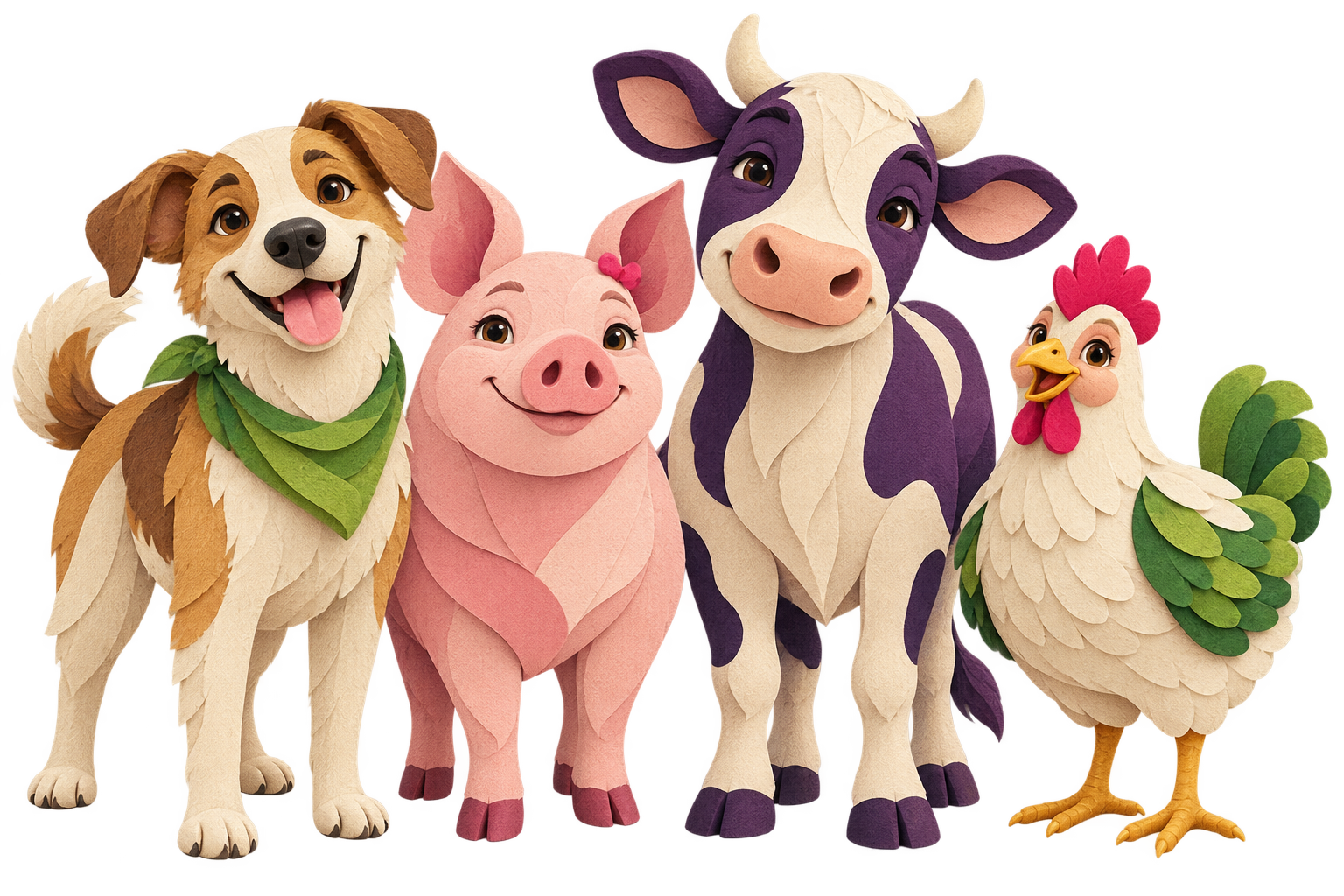Ilustração de um cachorro, um porco, uma vaca e uma galinha lado a lado
