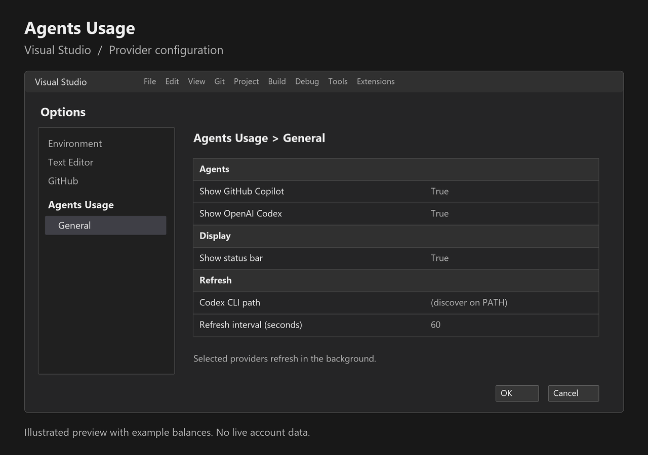 Agents Usage provider and display configuration