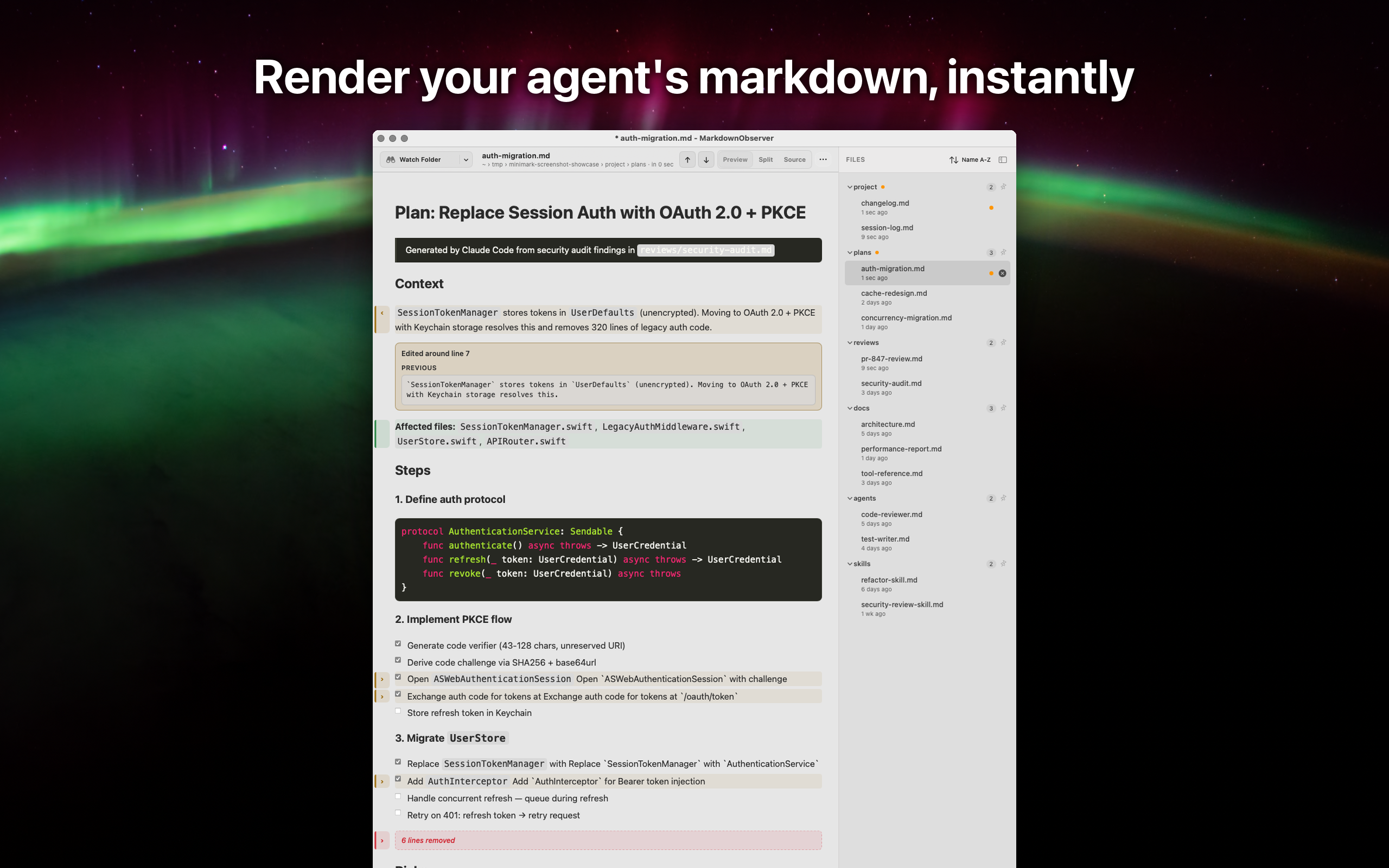 MarkdownObserver on macOS displaying a rendered Markdown document with project files in the sidebar
