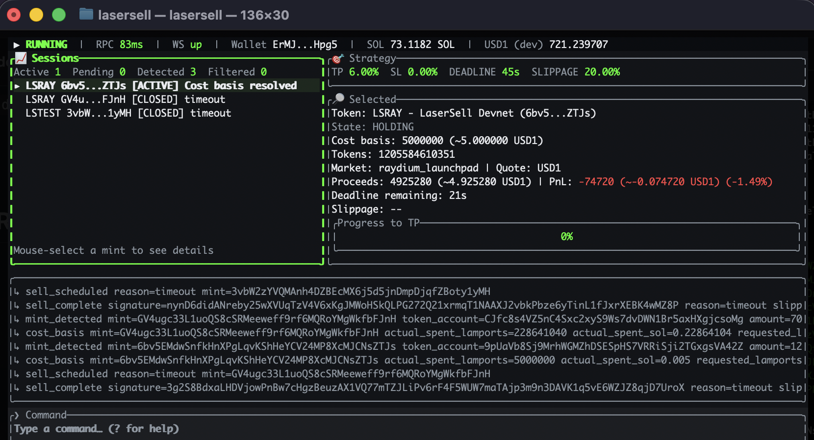 LaserSell terminal UI showing real time PnL tracking and automated exit strategies