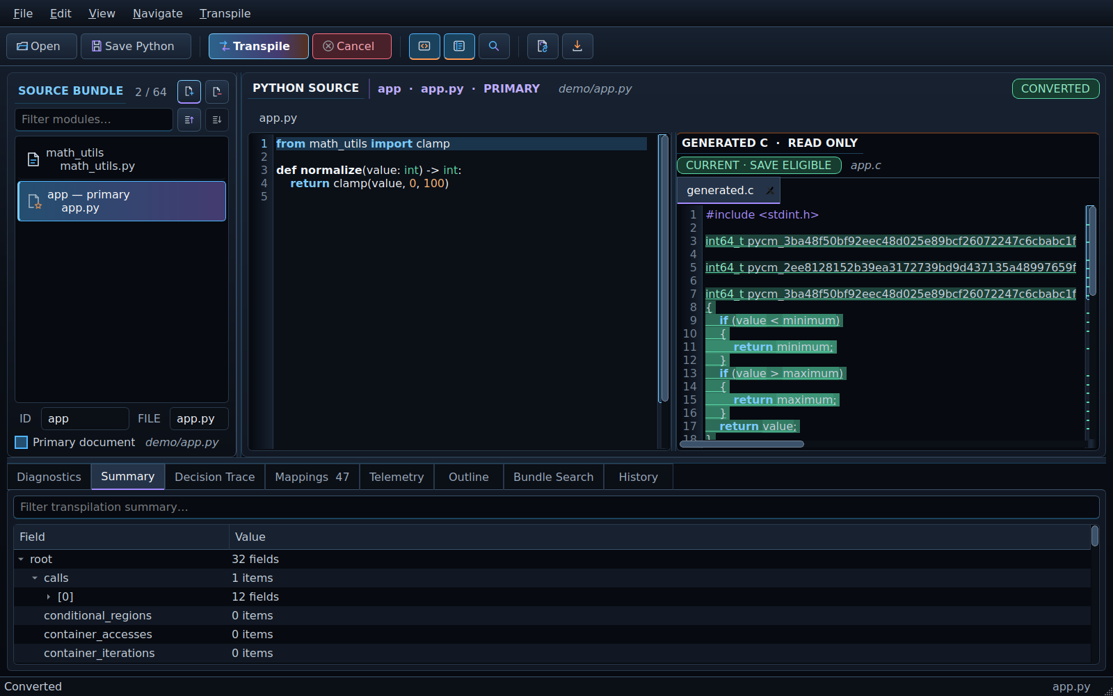 PyCForge 0.15.2 desktop workspace showing a Python source bundle, generated C, and the transpilation summary