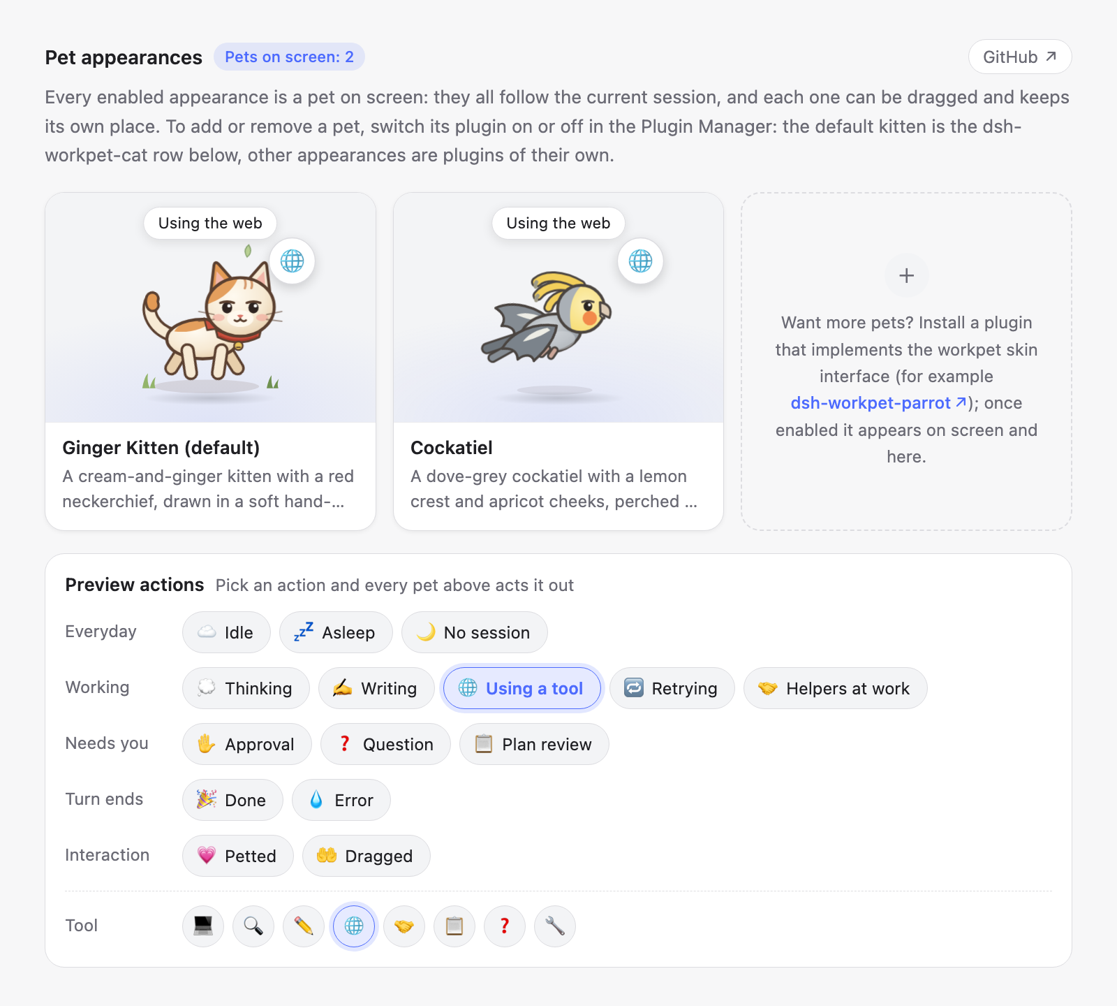 The Work Pet page: a card for the kitten and one for the cockatiel, both running with a globe badge, above the action buttons with Using a tool highlighted and a row of tool families