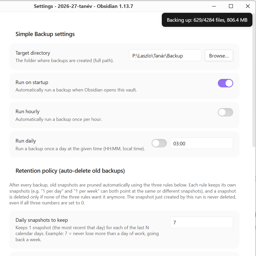 Simple Backup settings, with a live progress notice showing a backup in progress