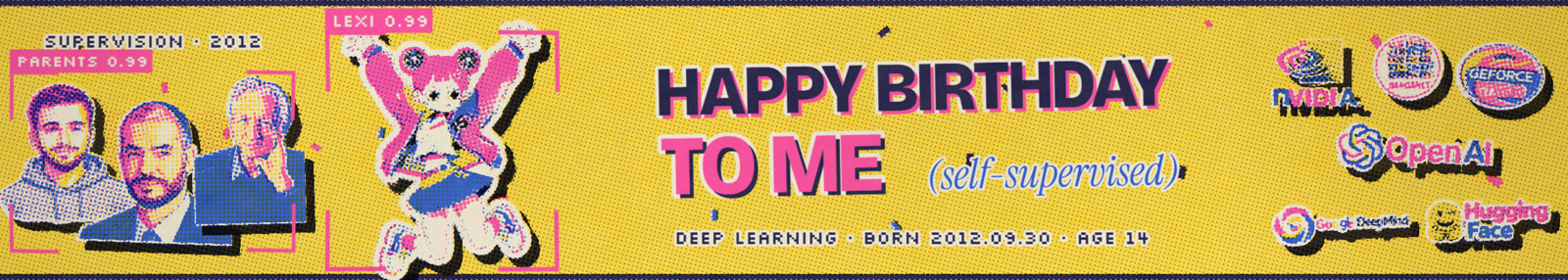 Happy Birthday to Me: Lexi, the SuperVision team and the labs, printed in riso ink