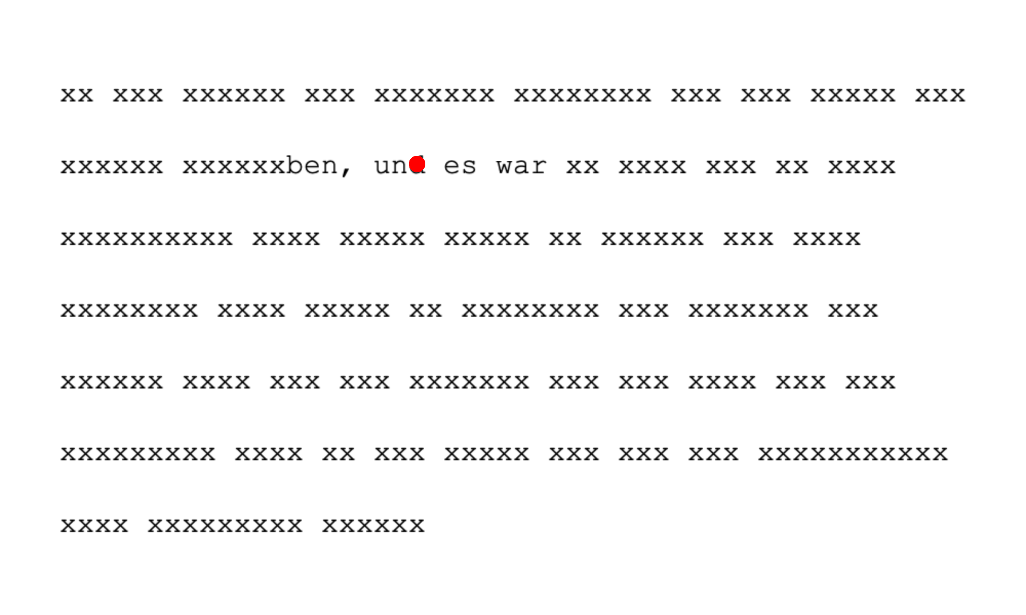 Moving-window demo: text outside seven characters around the gaze (red dot) is masked