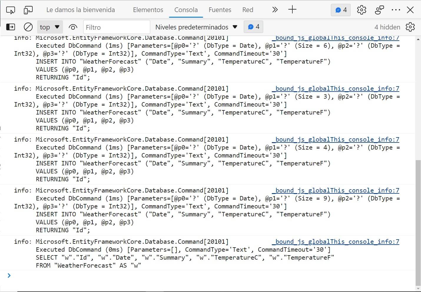 SQL en la consola del navegador al utilizar Entity Framework con Blazor WebAssembly
