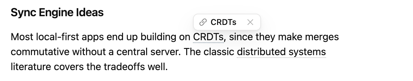 The editor with dotted underlines on note mentions and a hover popup suggesting a link