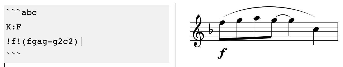 ABC music notation rendered directly in Joplin, showing a short musical phrase displayed from plain-text ABC syntax