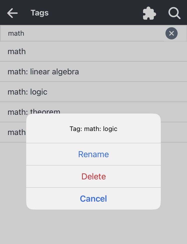 Joplin mobile tag management screen showing a tag options menu with rename and delete actions.