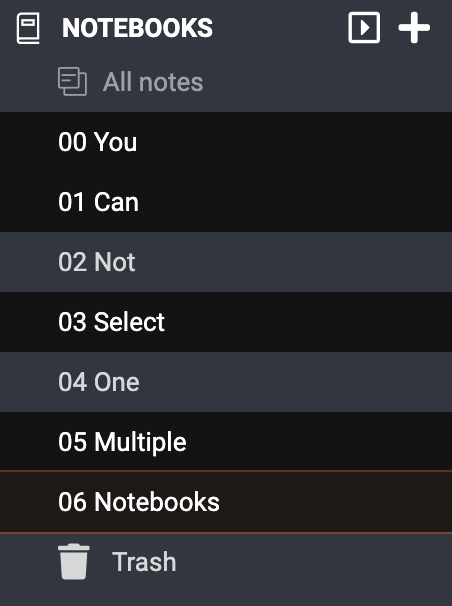Joplin desktop sidebar with several notebooks selected at the same time for bulk organisation.