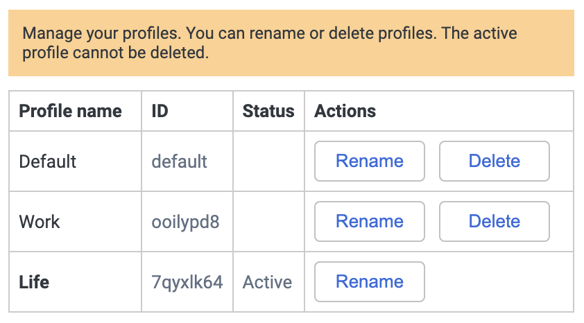 Desktop profile management screen in Joplin showing multiple profiles with options to rename or delete them.