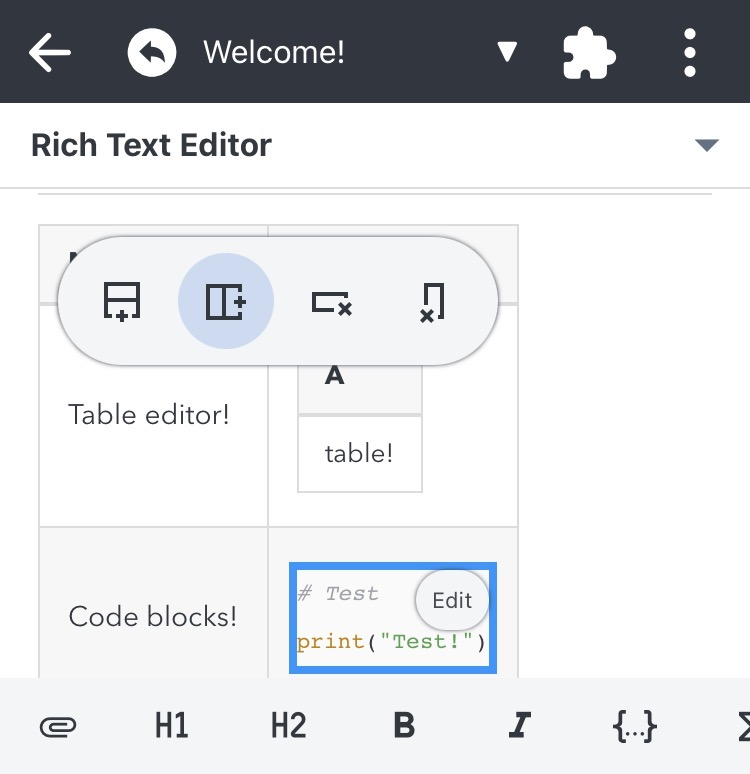 Joplin mobile Rich Text Editor showing table editing controls and an embedded code block inside a note.