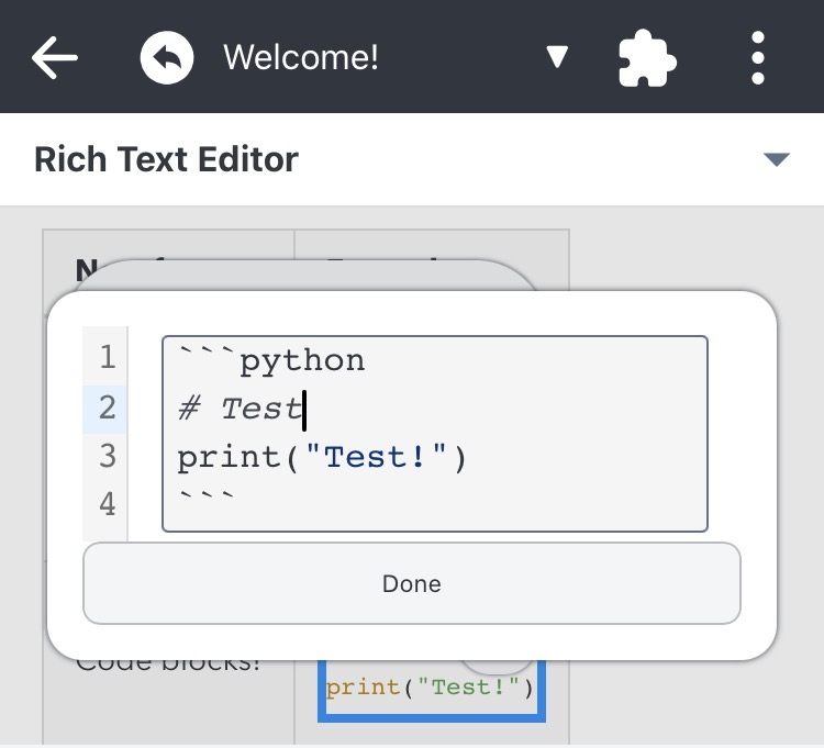 Mobile code block editor in Joplin with a Python code snippet displayed in an editable dialog.