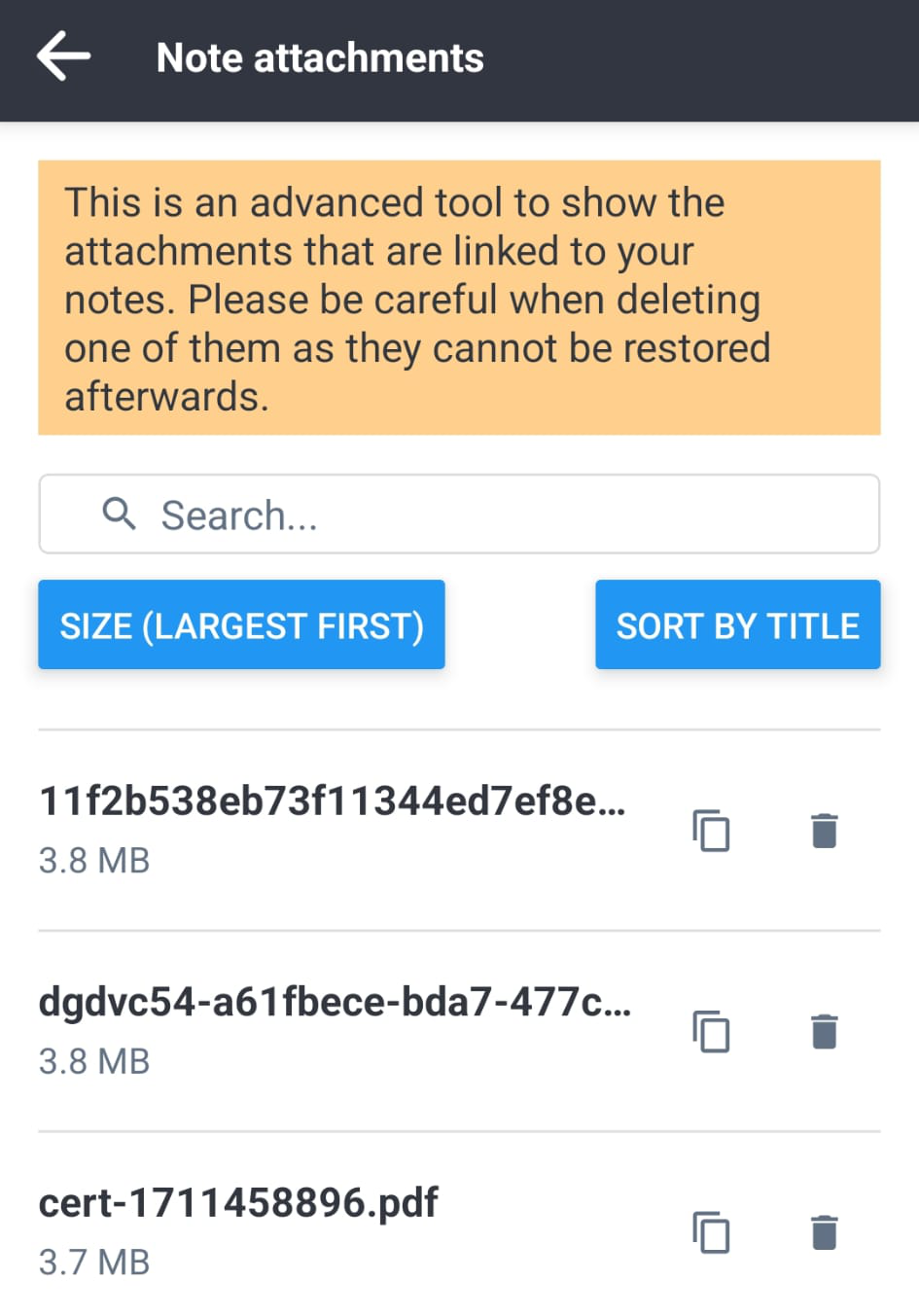 Joplin mobile attachments management screen listing the files attached to notes.