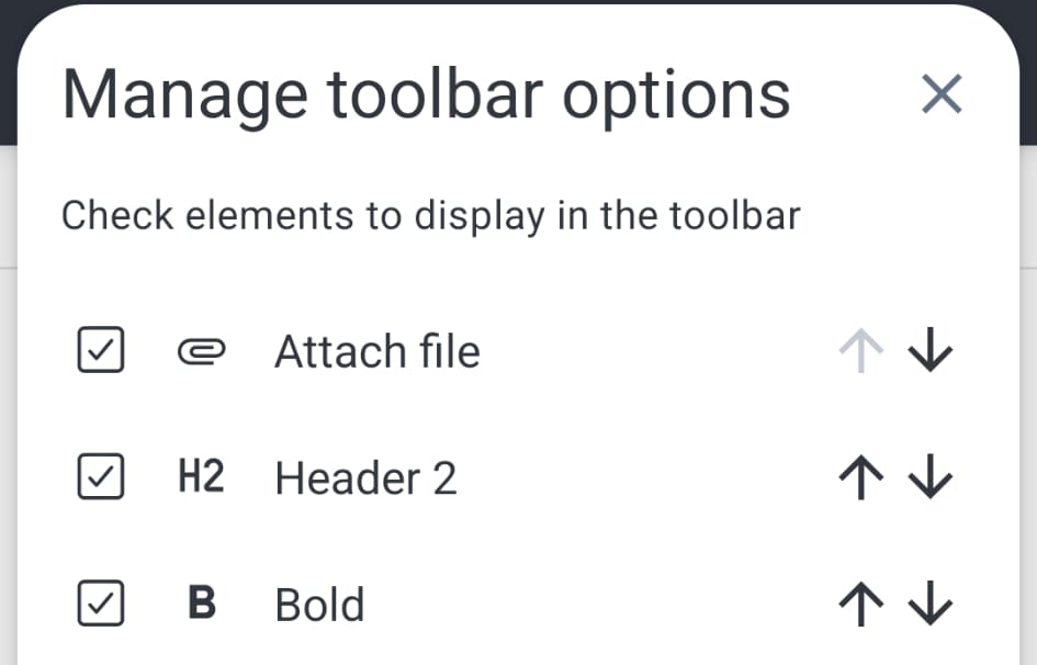 Joplin mobile toolbar customization screen with up and down arrows used to reorder buttons.