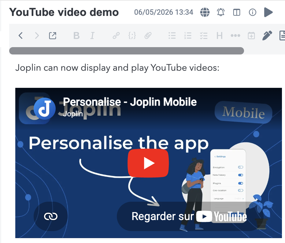 A Joplin note with an embedded YouTube video player rendered directly inside the note.