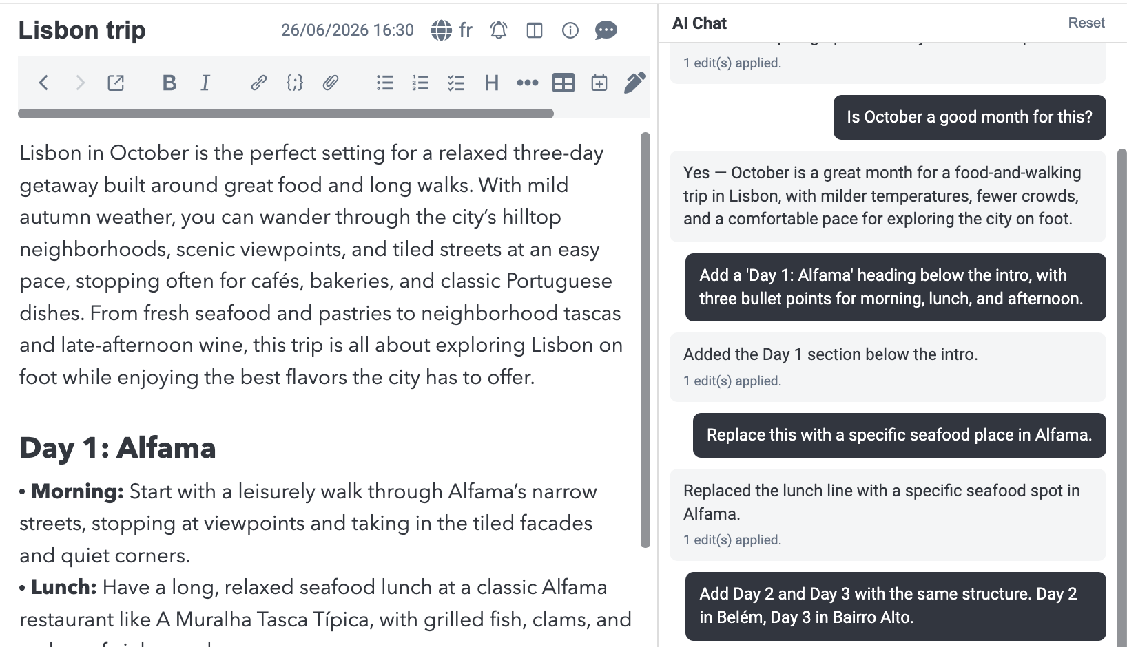 The Joplin desktop app with the AI chat panel open beside a note, showing a question about the note and the reply from the model.
