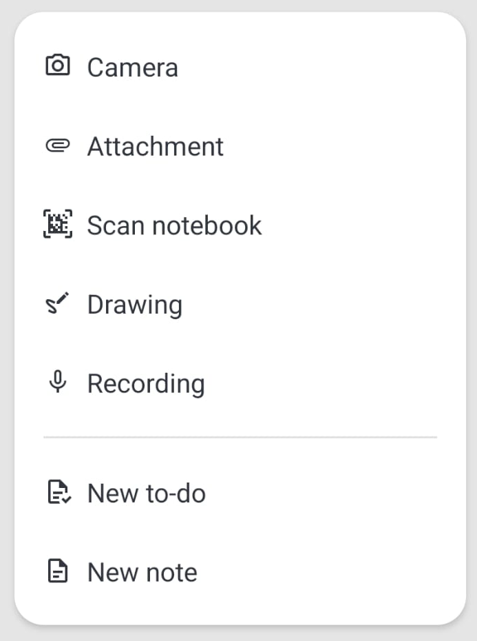 The redesigned new note menu on Joplin mobile.