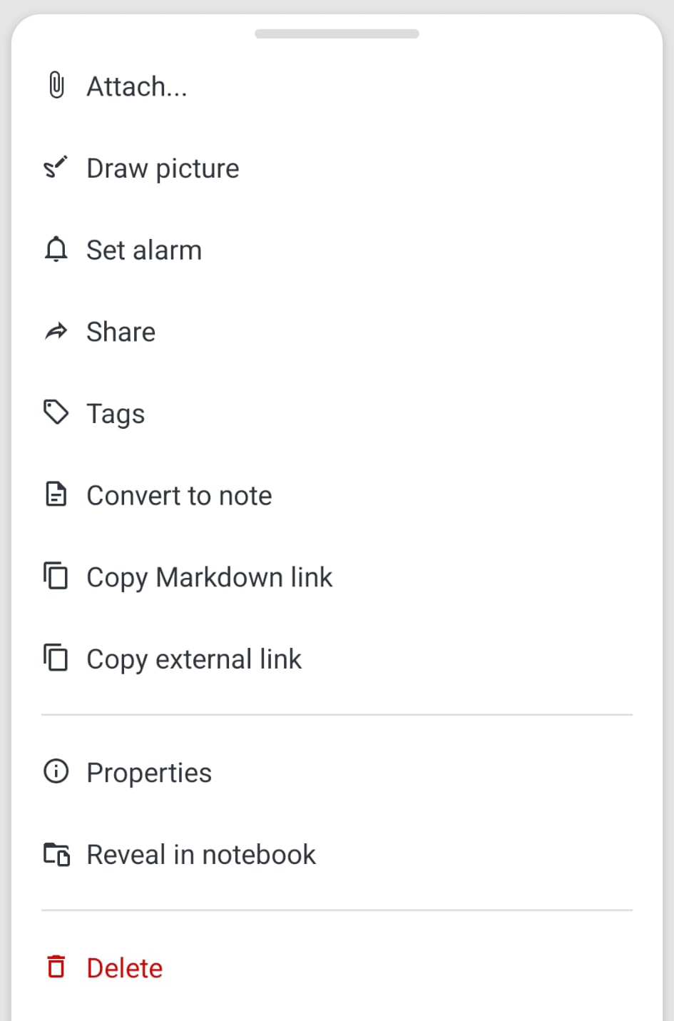 The redesigned note actions menu on Joplin mobile.