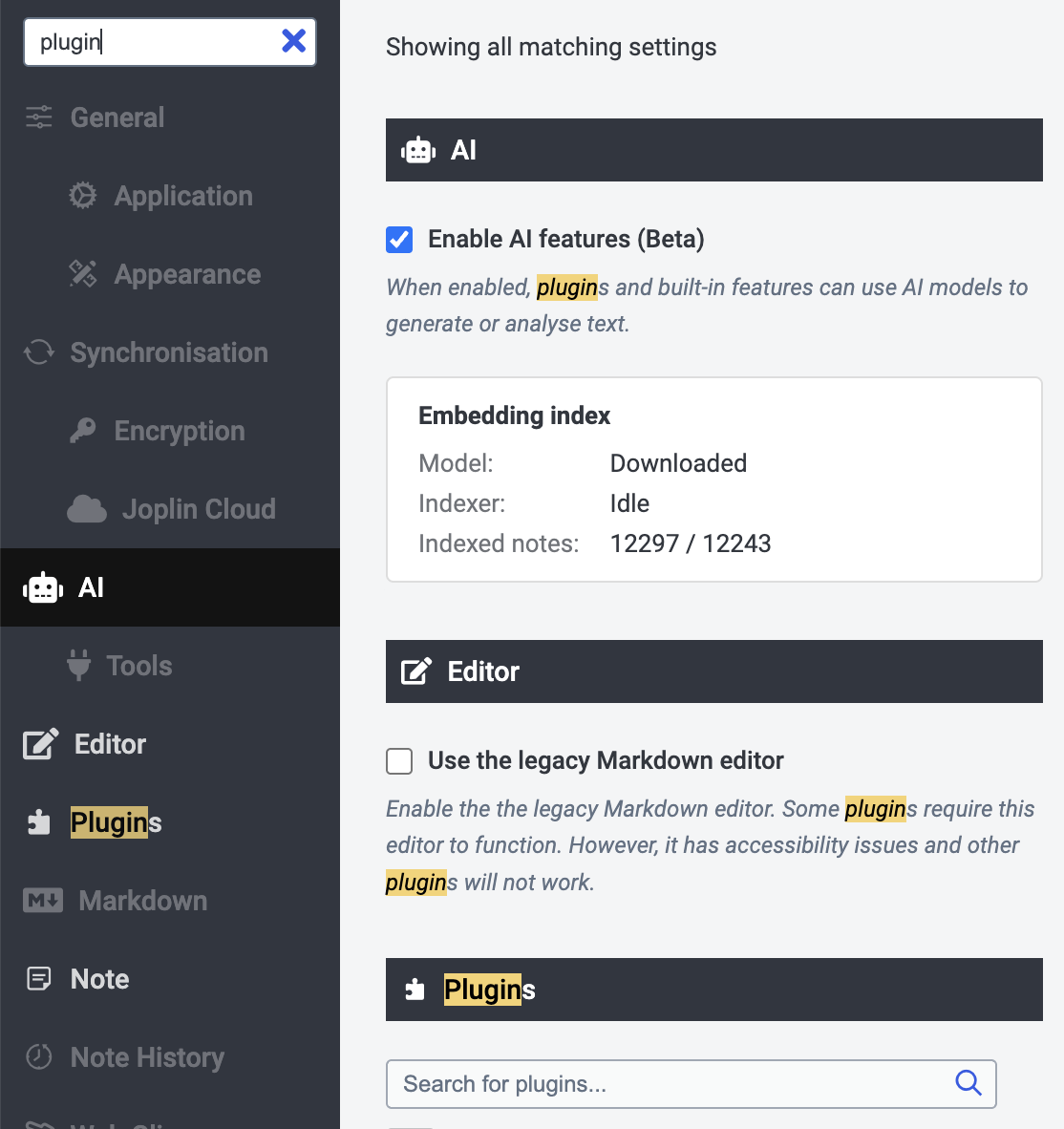 The Joplin configuration screen with a term typed into the new search box and the matching settings listed below it.