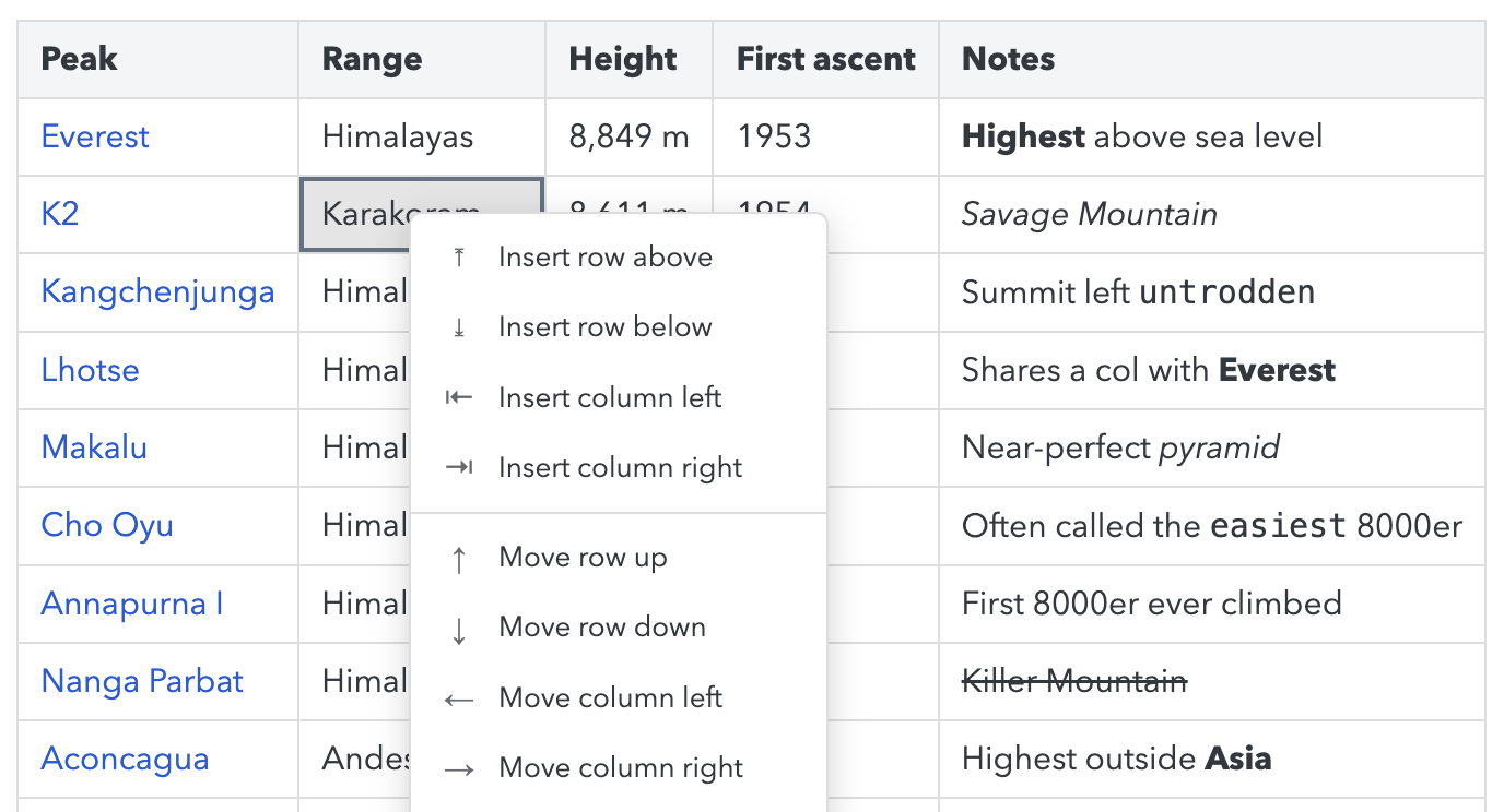 The Joplin Markdown editor showing a table with the table context menu open, listing the commands to add and delete rows and columns.