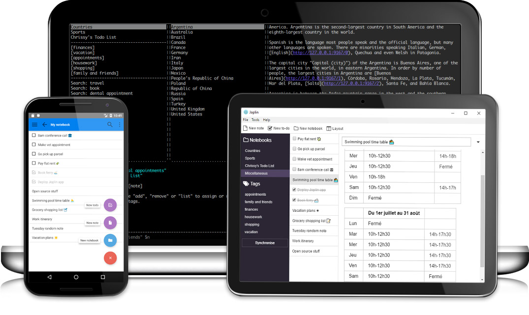 Joplin, mostrando sus aplicaciones para Android, terminal y escritorio