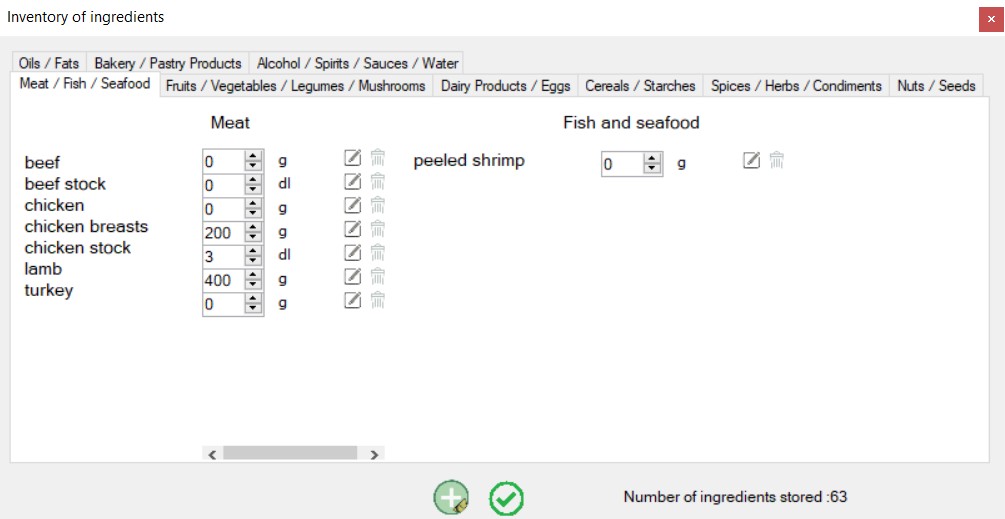 Screenshot of the inventory showing ingredient management tabs