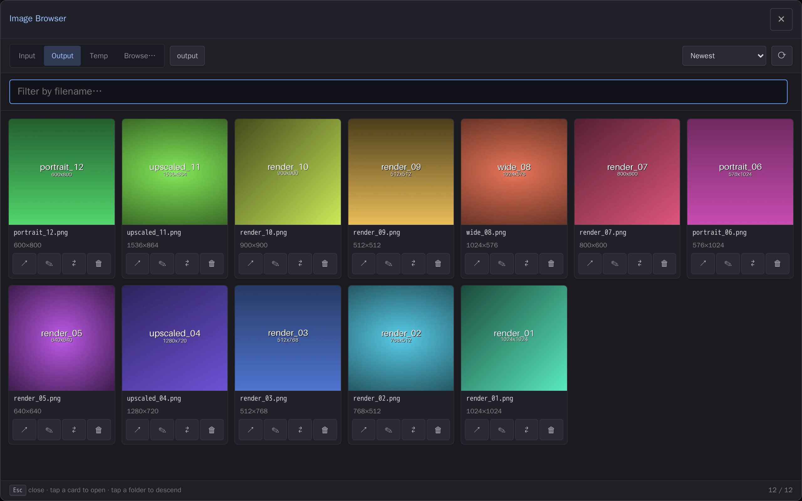 full-canvas image browser: Input/Output/Temp tabs, thumbnail grid, per-card open/rename/move/delete