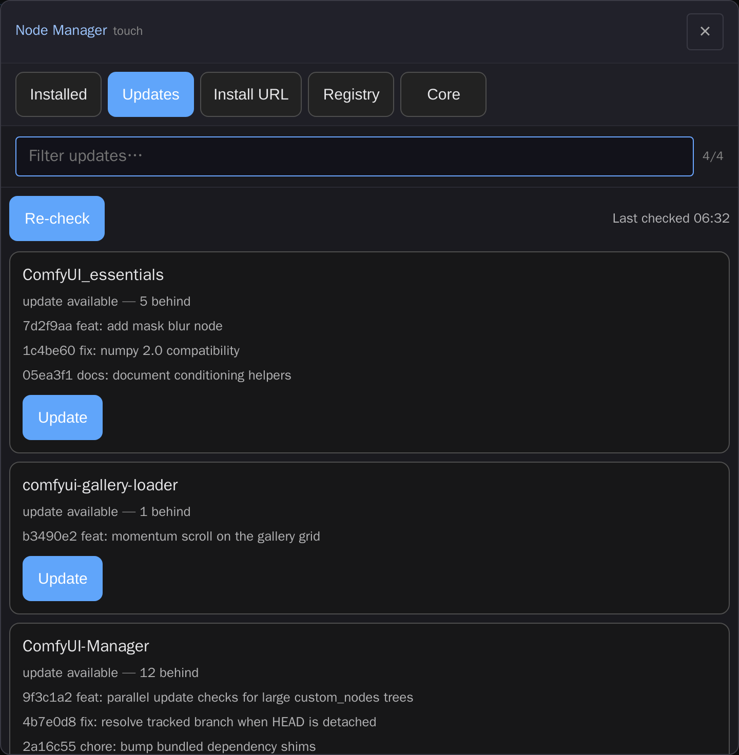 Touch Node Manager — Installed tab