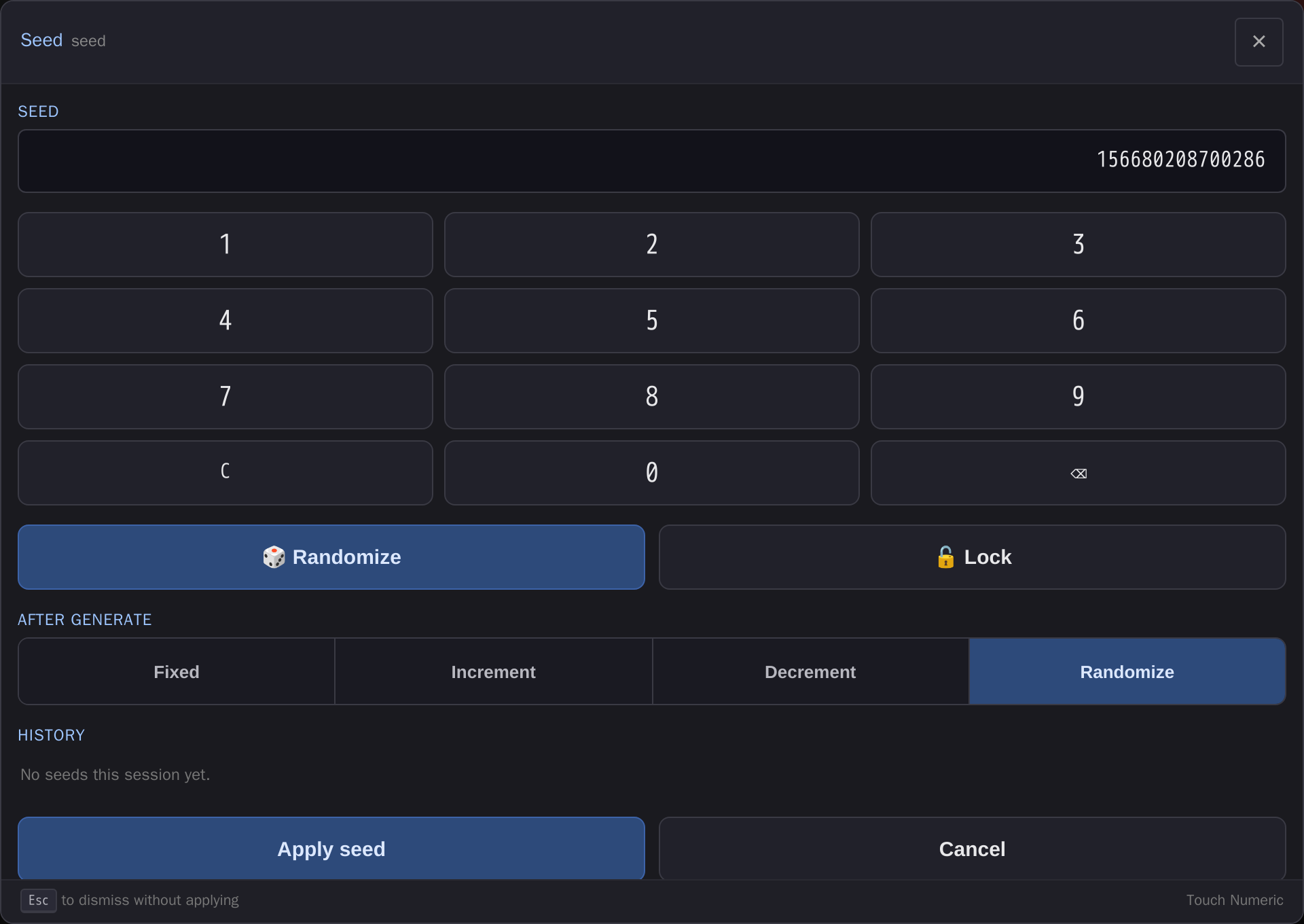 Seed keypad modal