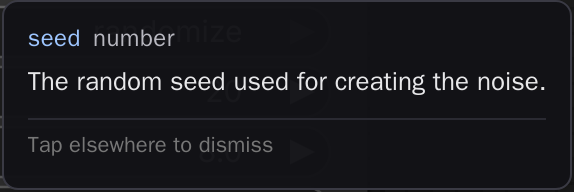 A long-press popover showing the seed widget's tooltip on a KSampler node