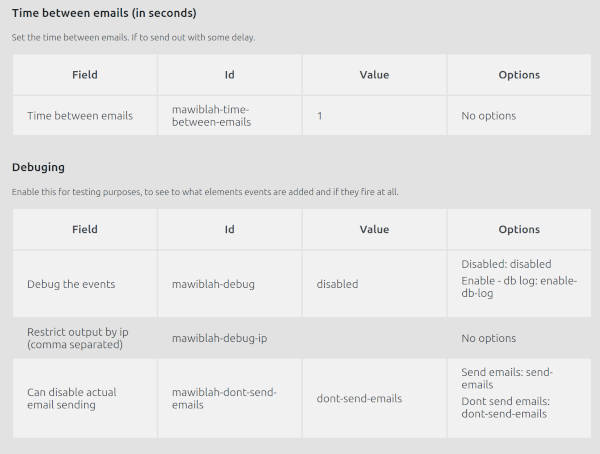 Settings output in the test page