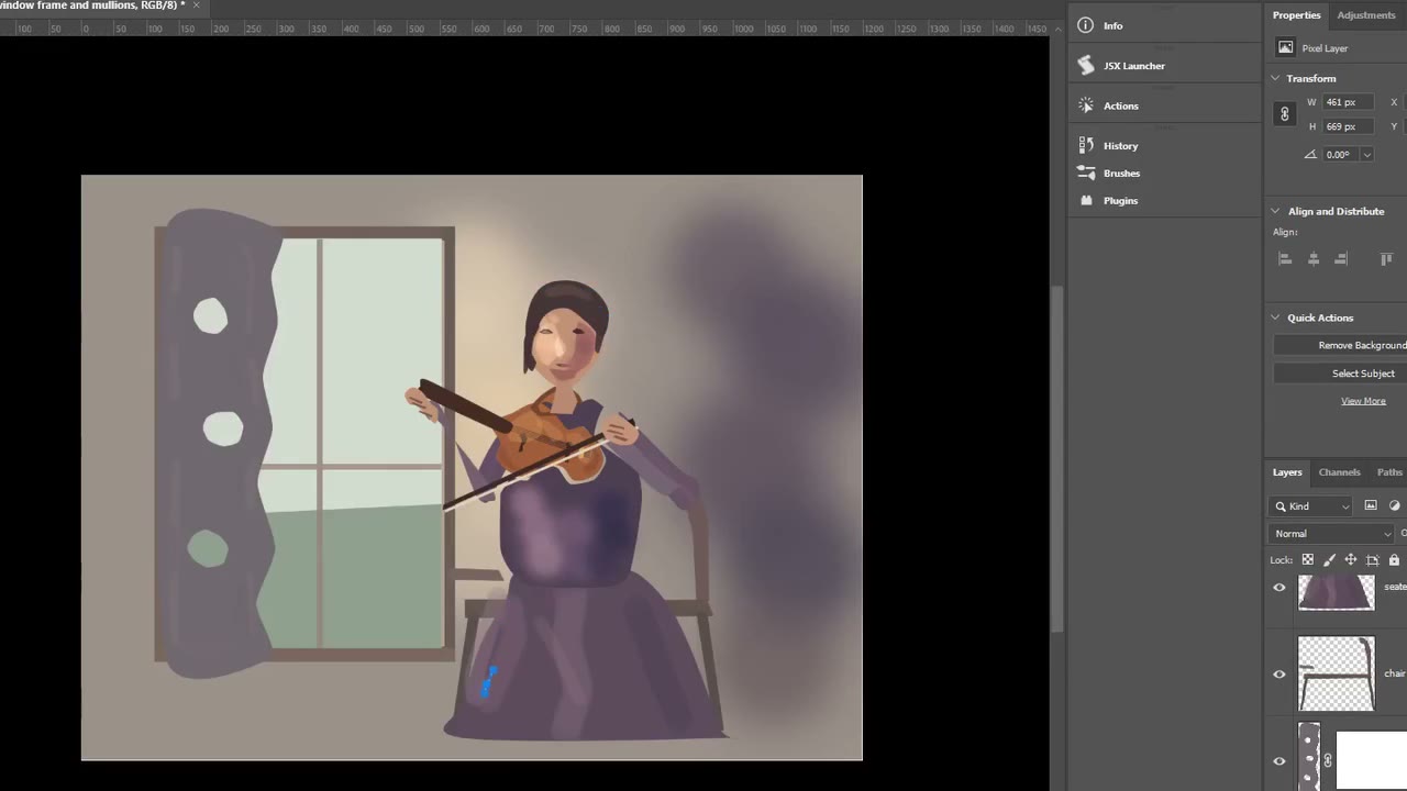 Final frame of a Photoshop painting session showing a seated violinist by a window