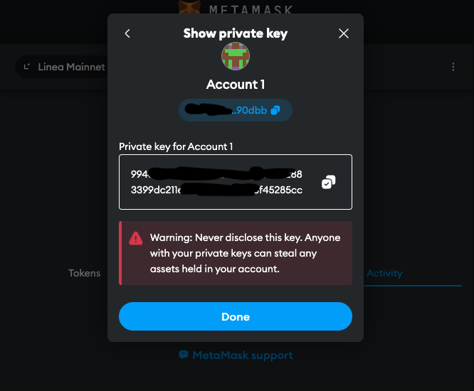 Show private key feature by MetaMask