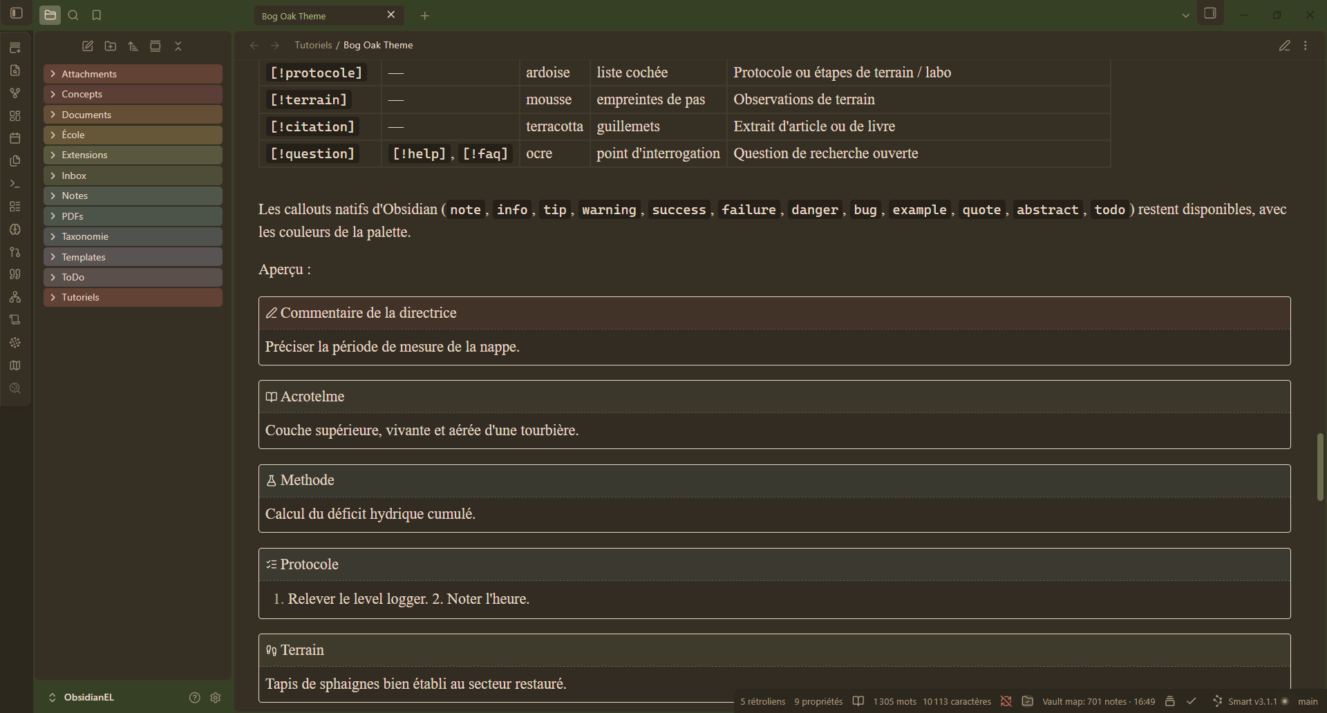 Bog Oak, dark mode: callouts