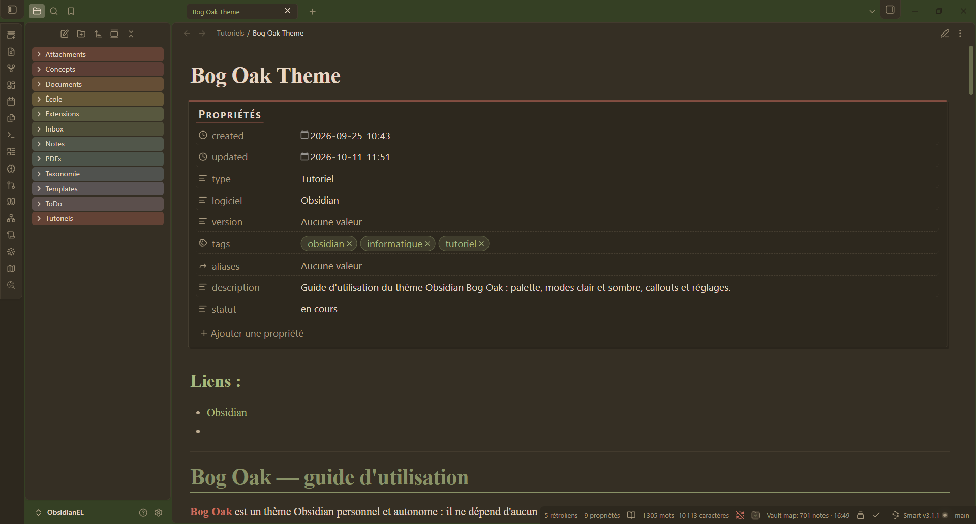 Bog Oak, dark mode: properties